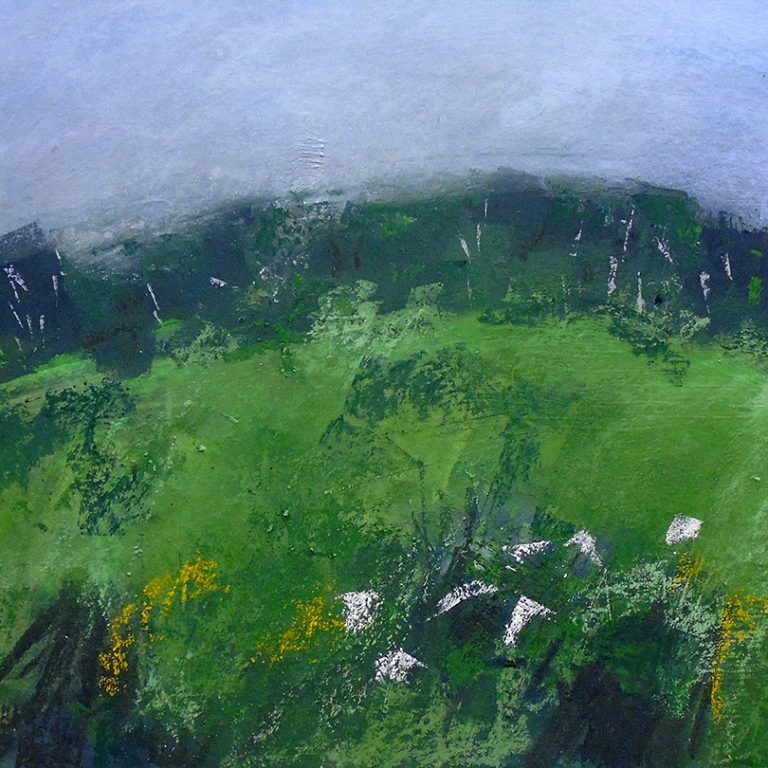 Ref: PD25. ‘Boreas Hill’. Pastel, gouache & acrylic inks on gessoed mountboard, 40x35 cm.