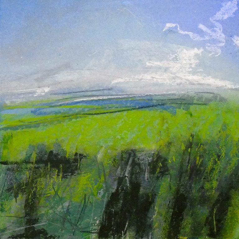 Ref: PD36. ‘Riverbank at Little Humber ii’. Pastel, gouache & acrylic inks on gessoed mountboard, 11x11 inches (28x28 cm).