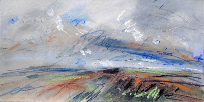 PD58 “Land and sky, 1”. Pastel and acrylic inks on board, 16x8 inches (40x20 cm).