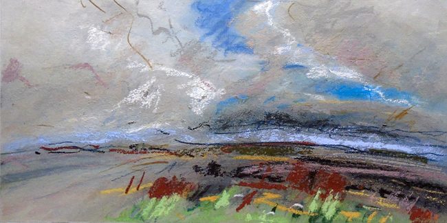 PD59 “Land and sky, 2”. Pastel and acrylic inks on board, 16x8 inches (40x20 cm).