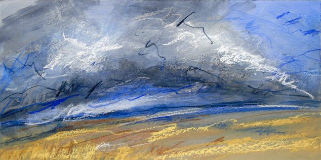 PD61 “Land and sky, 4”. Pastel and acrylic inks on board, 16x8 inches (40x20 cm).