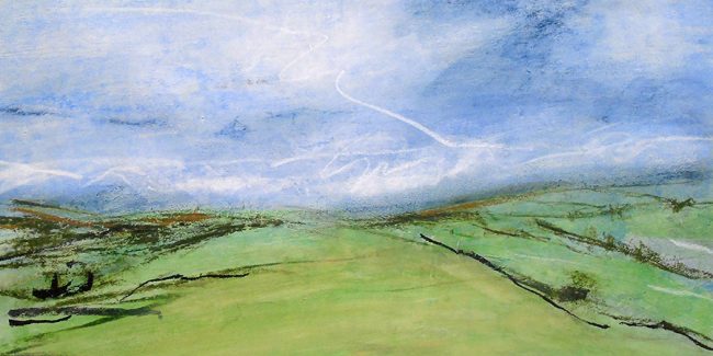 LD23 “Wolds view near Lund, 2”. Graphite and oil on paper, 22x11 inches (56x28 cm).