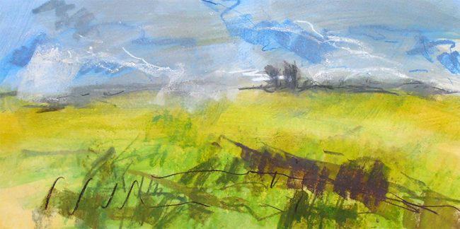 LD26 “New barley near East Bank”. Mixed media on paper, 22x11 inches (56x28 cm).