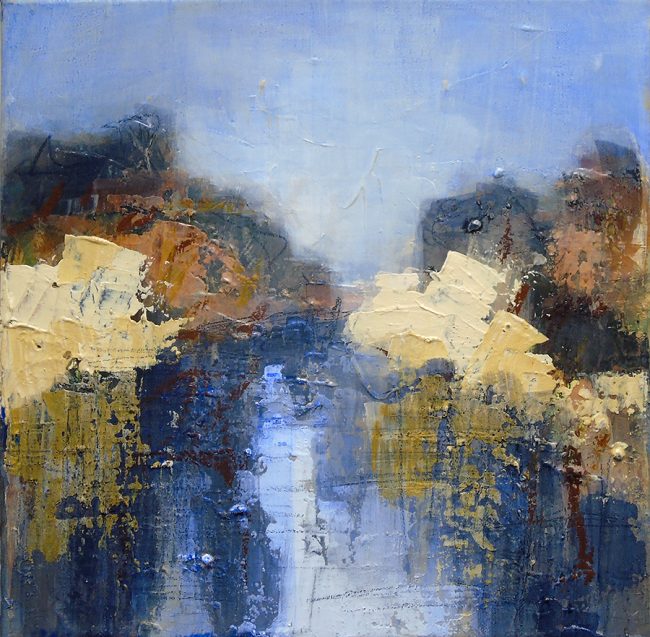 P171 “Shadows and reflections at Sands Bridge”. Acrylic and pencil on canvas, 12x12 inches (30.5x30.5 cm).