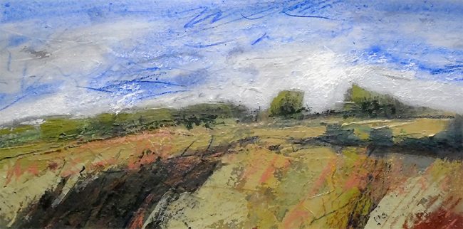 P208 “Fields at Sheep Trod Lane”. Acrylic and mixed media on board, 16x8 inches (40x20 cm).