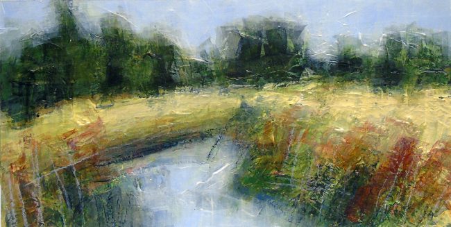 P238 "Wide ditch at Cherry Cobb Sands”. Acrylic, oil pastel & watercolour pencil on board. 6x12 inches (15.25x30.5cm)