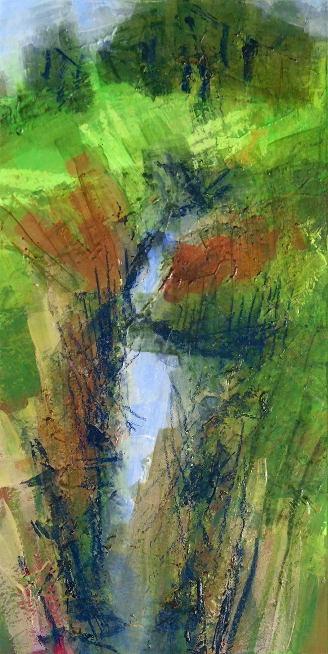 P237 "Wilfhome ditch". Acrylic, oil pastel & watercolour pencil on board. 6x12 inches (15.25x30.5cm)
